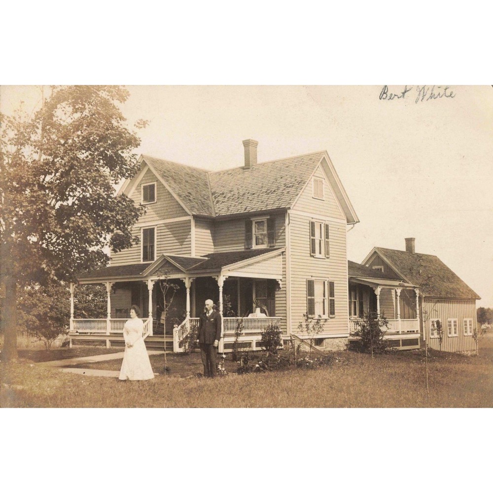 RPPC Victorian Farmhouse Couple Wraparound Porch Real Photo Postcard Bert White - Picture 1 of 2